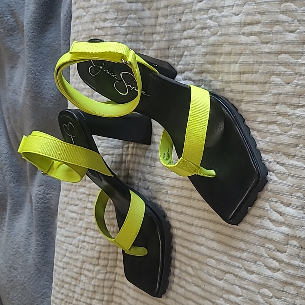Neon Yellow Strappy Block Heel Sandals - Women
